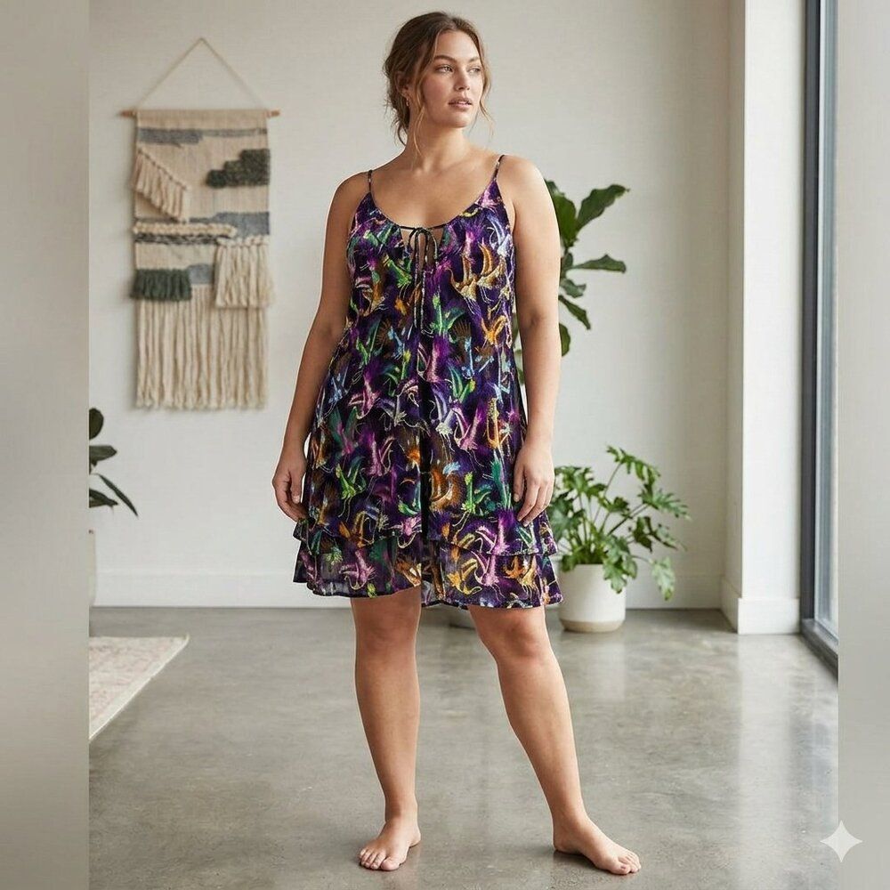 Anthropologie Crane Bird Print Tiered Mini Dress Tunic Top Women's Size L